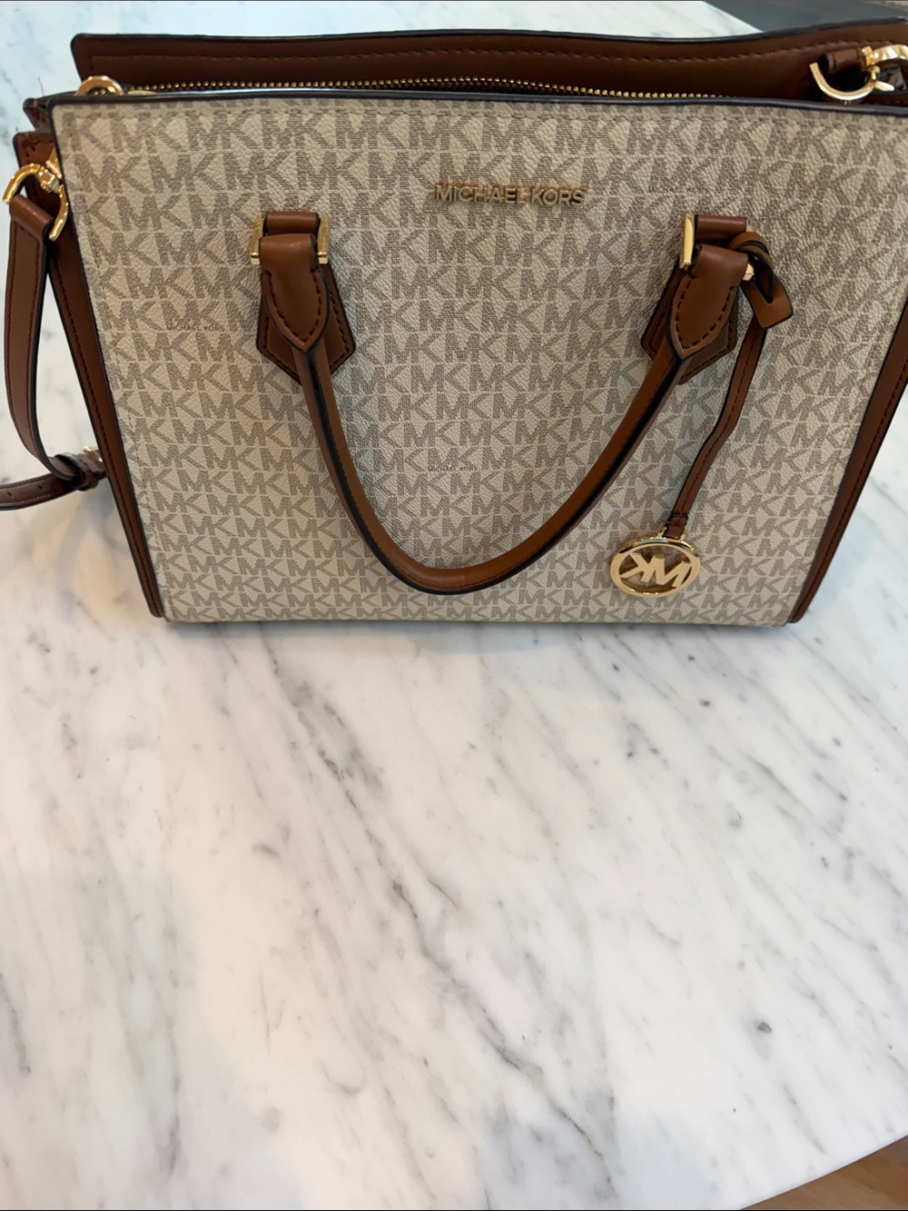 Michael Kors Beige Signature MK Satchel with Brown Trim